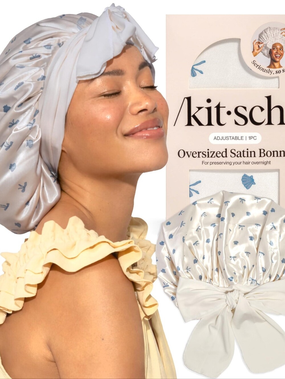 Kitsch Oversized Satin Bonnet — White with Light Blue Floral Print